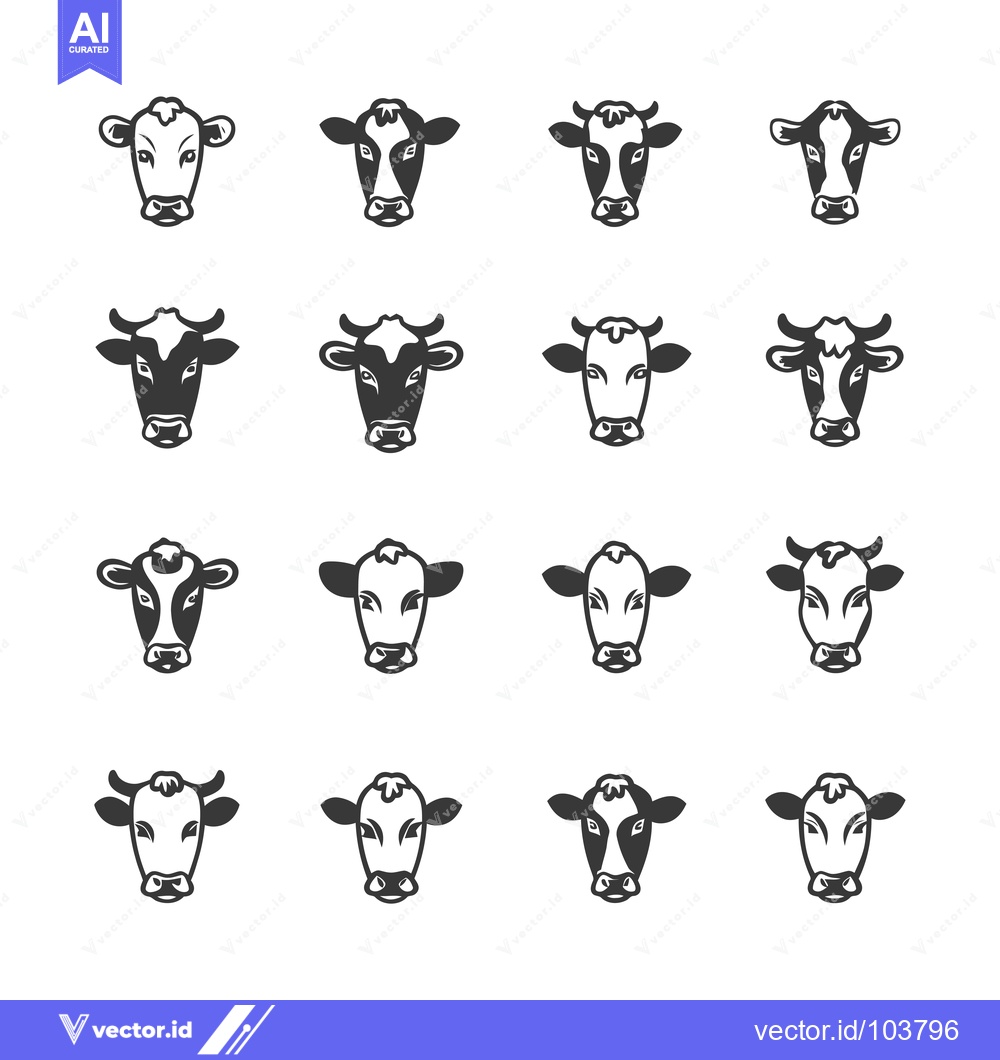 Premium Vector of Sixteen Black and White Cow Heads Facing Forward
