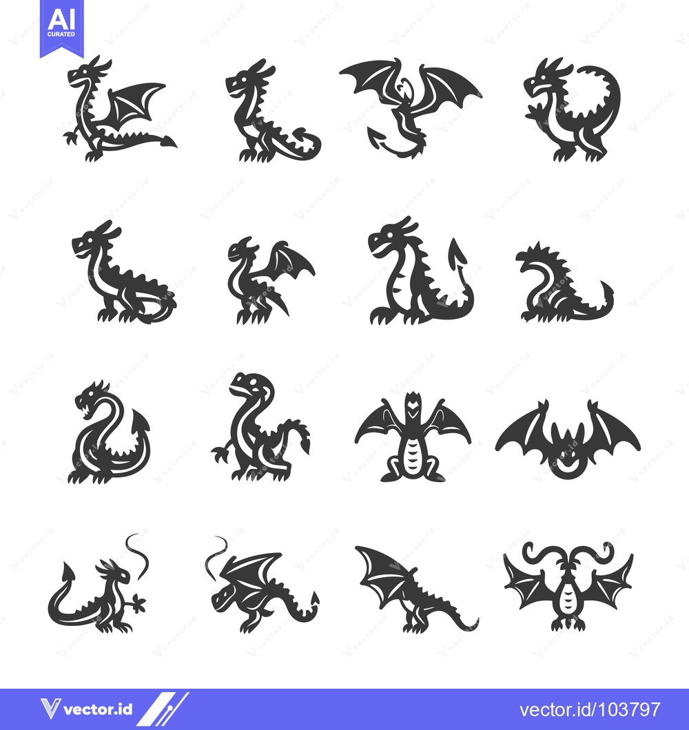 Premium Vector dari Sixteen Black and White Dragon Silhouette Icons