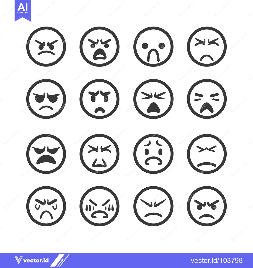 Premium Vector of Sixteen Black and White Emojis Depicting Negative Emotions
