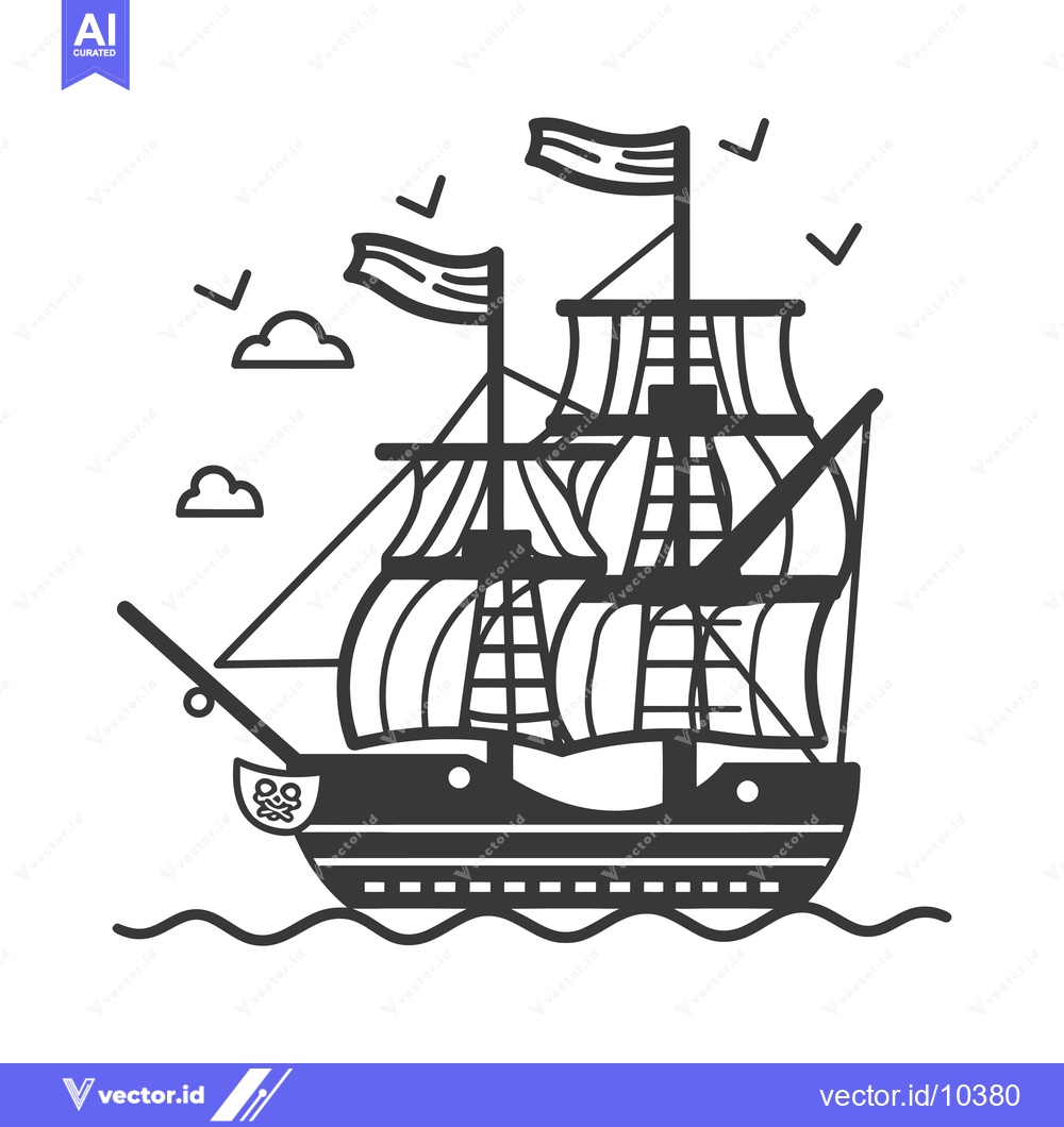 Premium Vector dari A Black and White Illustration of a Tall-Masted Ship Sailing on the Oc