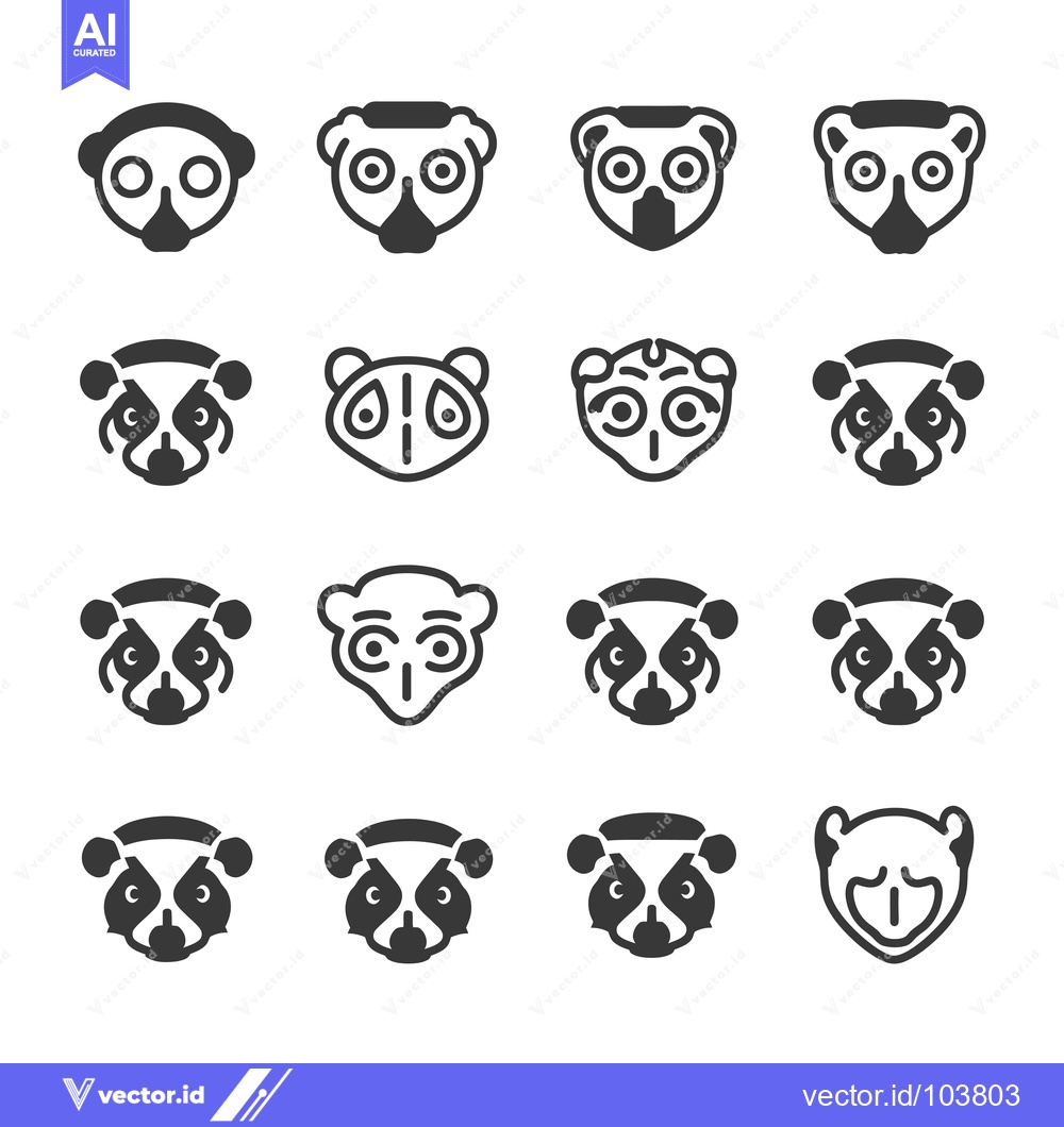 Premium Vector of Sixteen Black and White Illustrations of a Lemur's Face