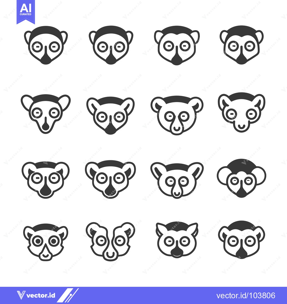 Premium Vector of Sixteen Black and White Lemur Head Icons