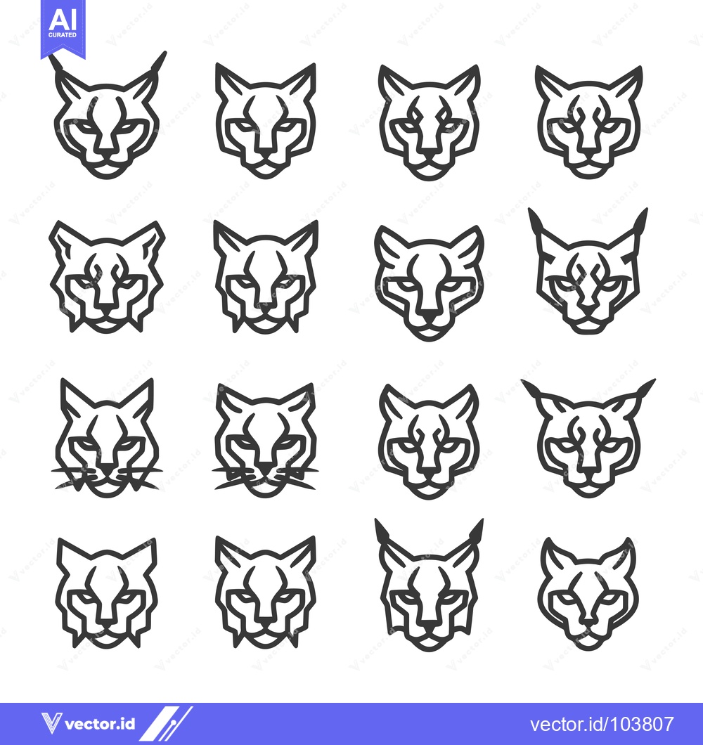 Premium Vector of Sixteen Black and White Line Art Illustrations of Lynx Faces