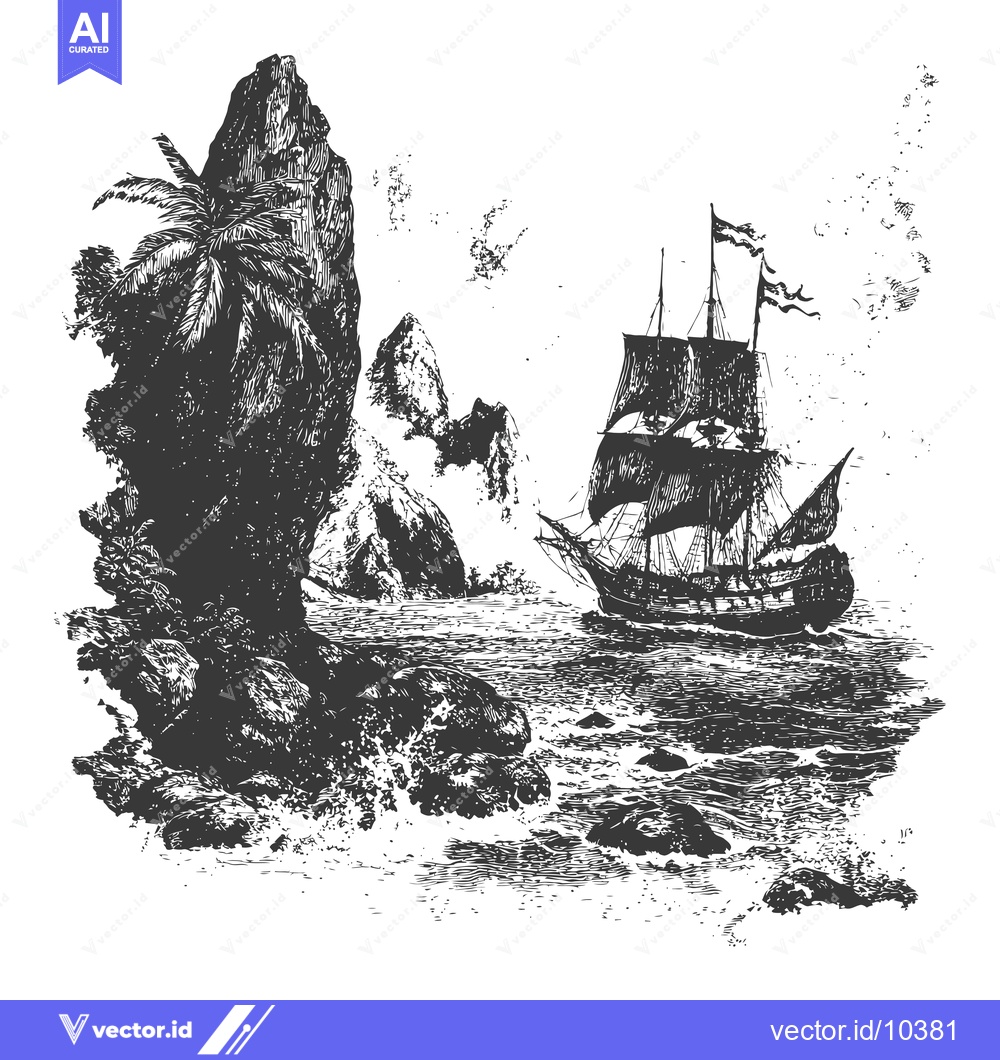 Premium Vector dari A Black and White Illustration of a Tall Ship Sailing Past an Island
