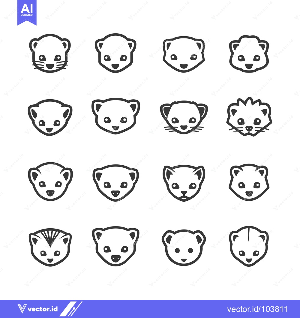 Premium Vector dari Sixteen Black and White Line Drawings of Ferret Heads