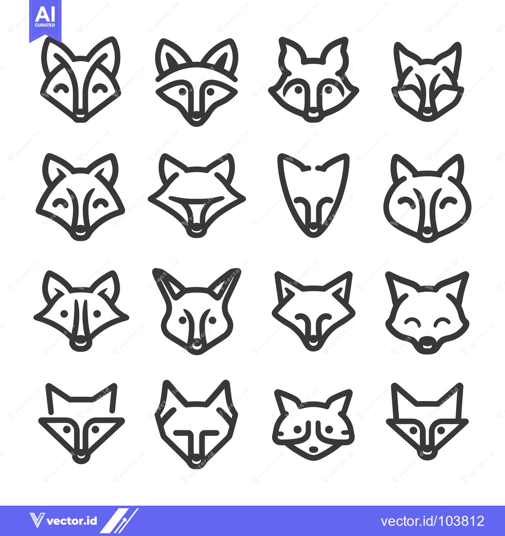 Premium Vector of Sixteen Black and White Line Drawings of Fox Faces