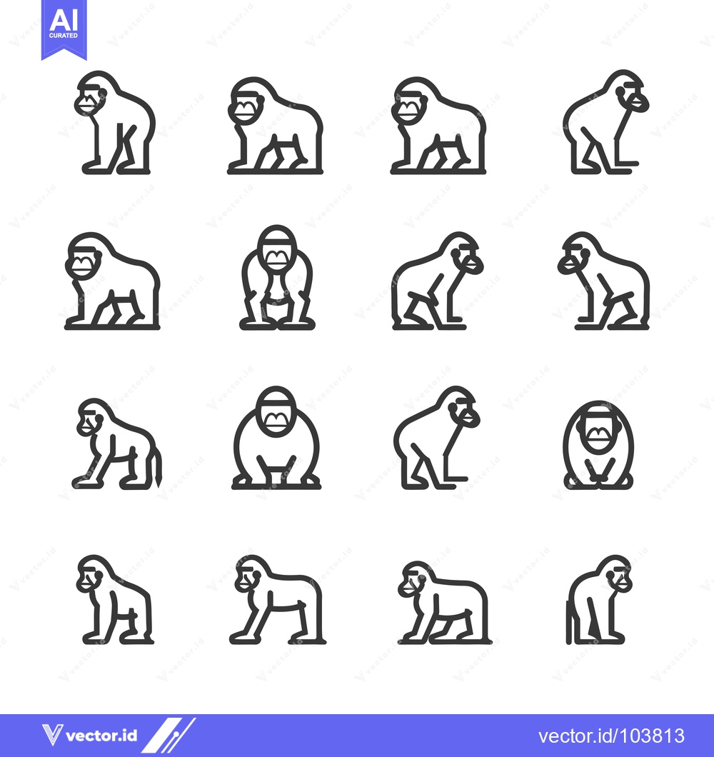 Premium Vector dari Sixteen Black and White Line Drawings of Gorillas in Various Poses