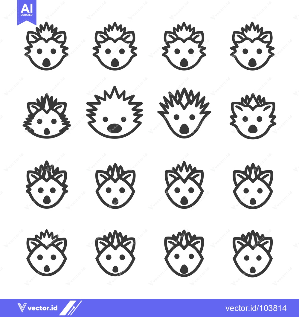 Premium Vector dari Sixteen Black and White Line Drawings of Hedgehog Heads