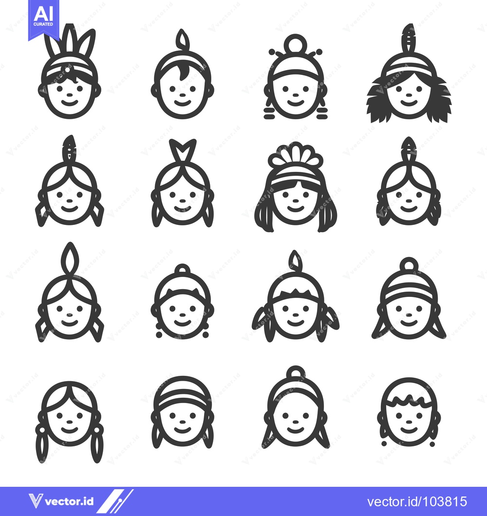 Premium Vector of Sixteen Black and White Line Drawings of Native American People with D