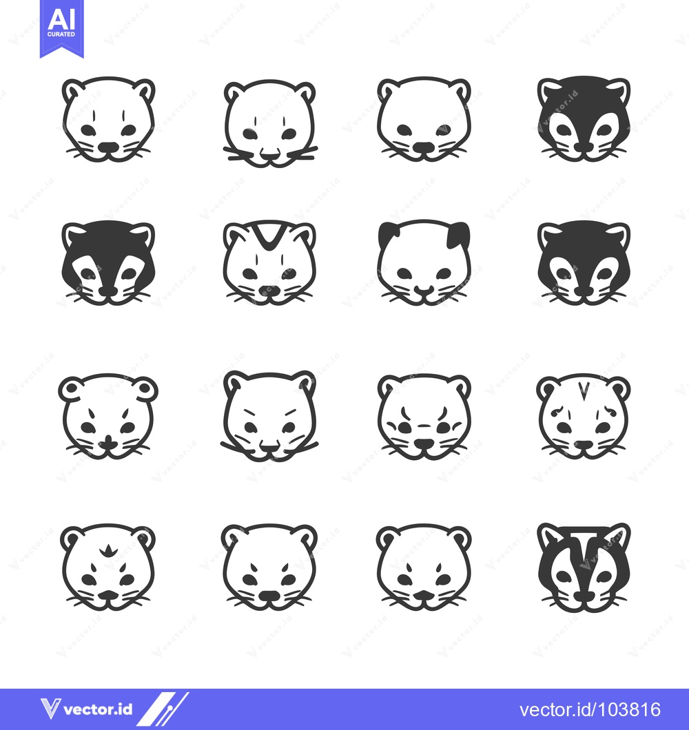 Premium Vector dari Sixteen Black and White Line Drawings of Weasel Faces