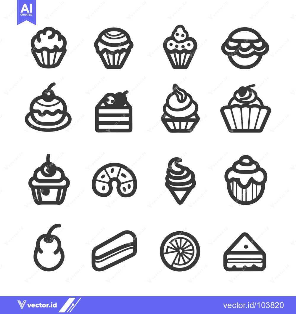 Premium Vector of Sixteen Black and White Outlined Dessert Icons