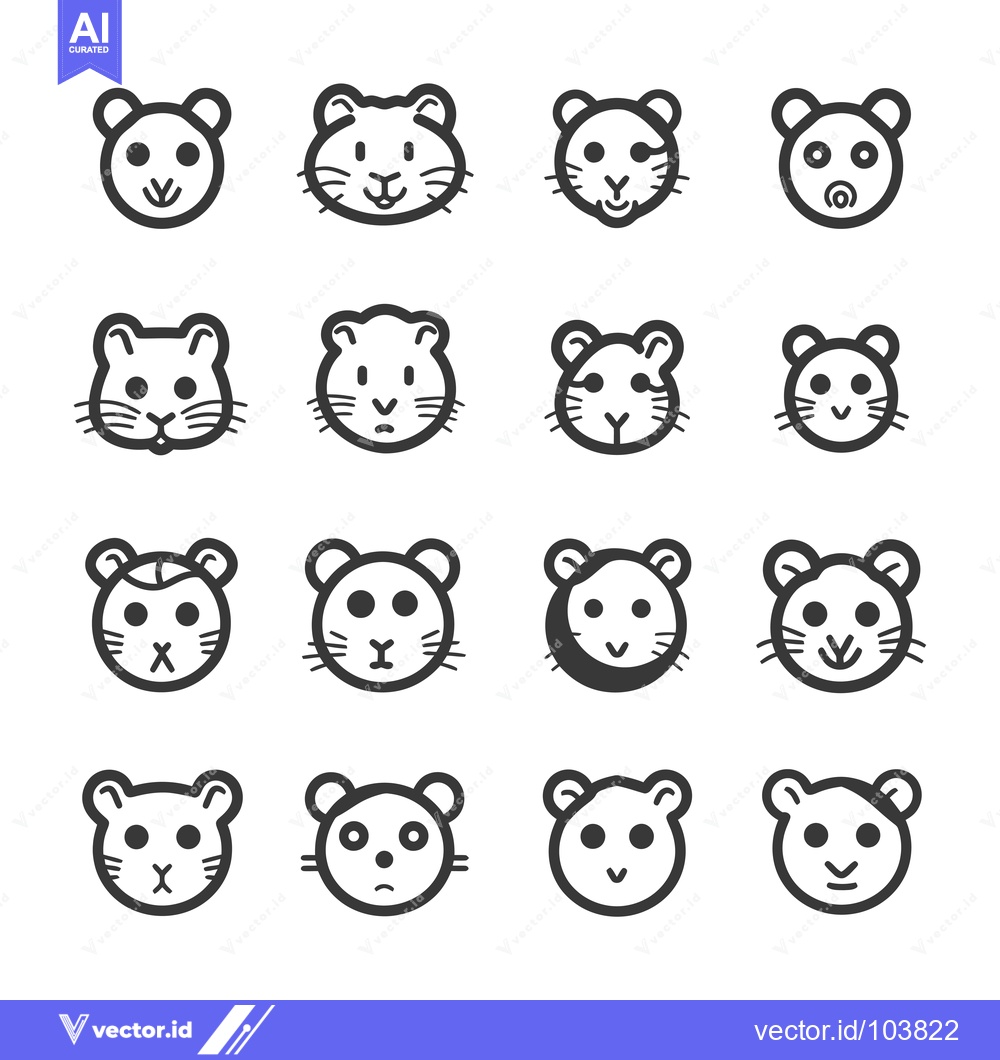 Premium Vector dari Sixteen Black and White Outline Drawings of Hamster Faces with Differe