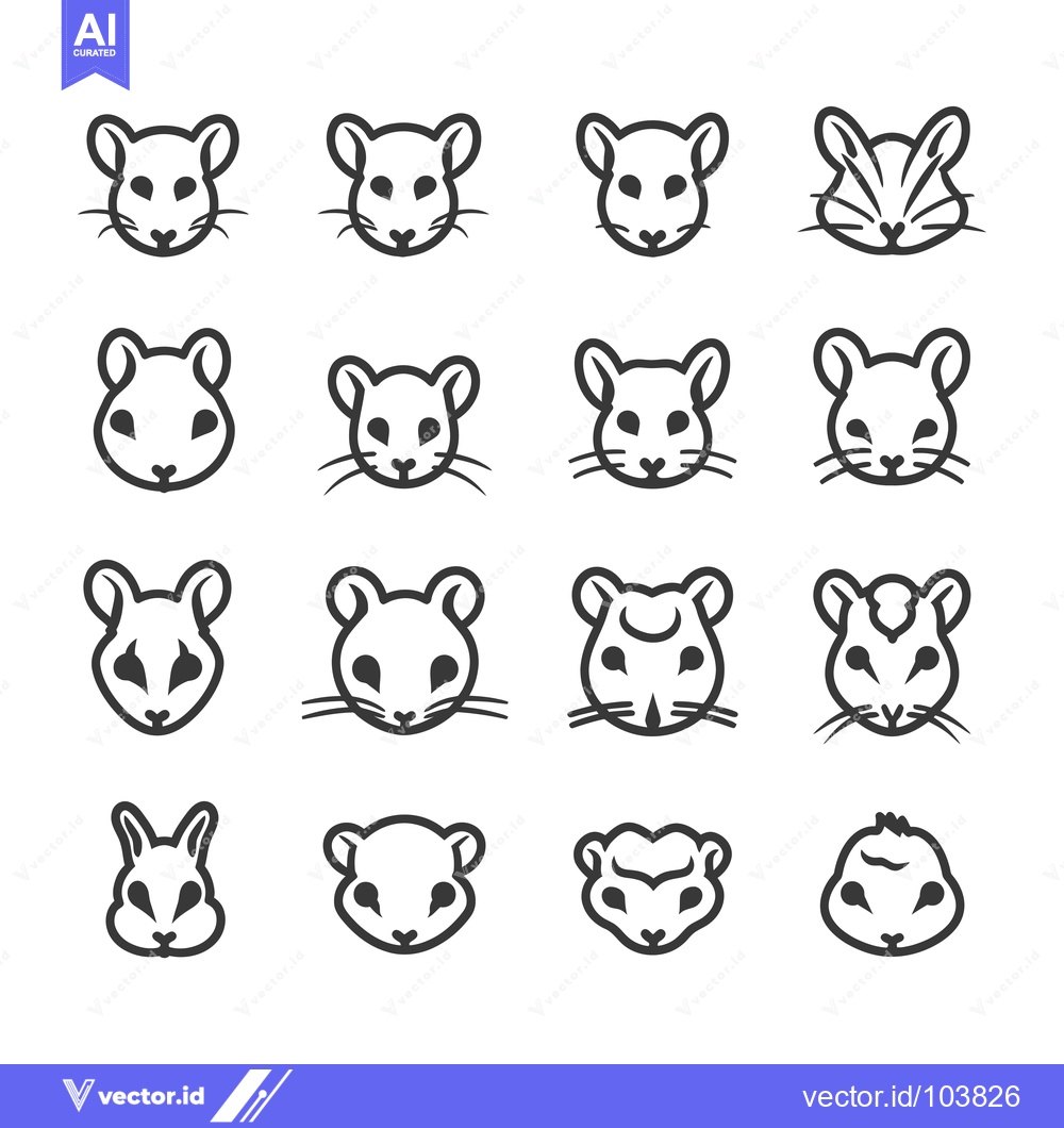 Premium Vector of Sixteen Black and White Outline Illustrations of Mouse and Gerbil Face