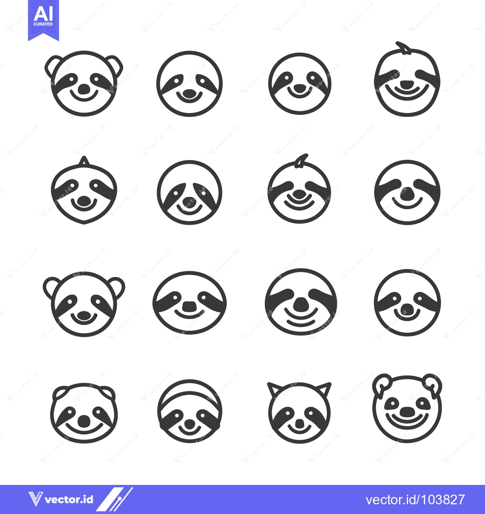 Premium Vector of Sixteen Black and White Outline Illustrations of Sloth Faces
