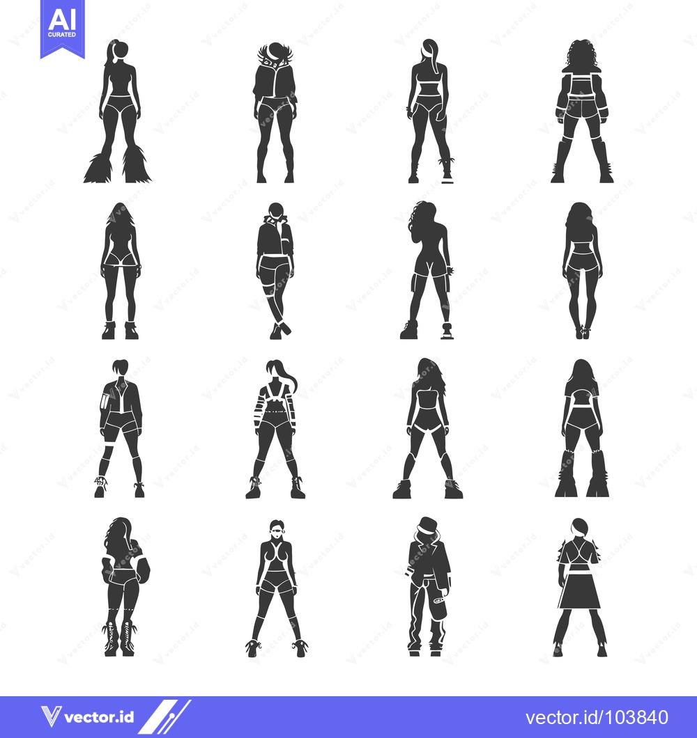 Premium Vector dari Sixteen Black Silhouettes of Women Wearing Various Outfits