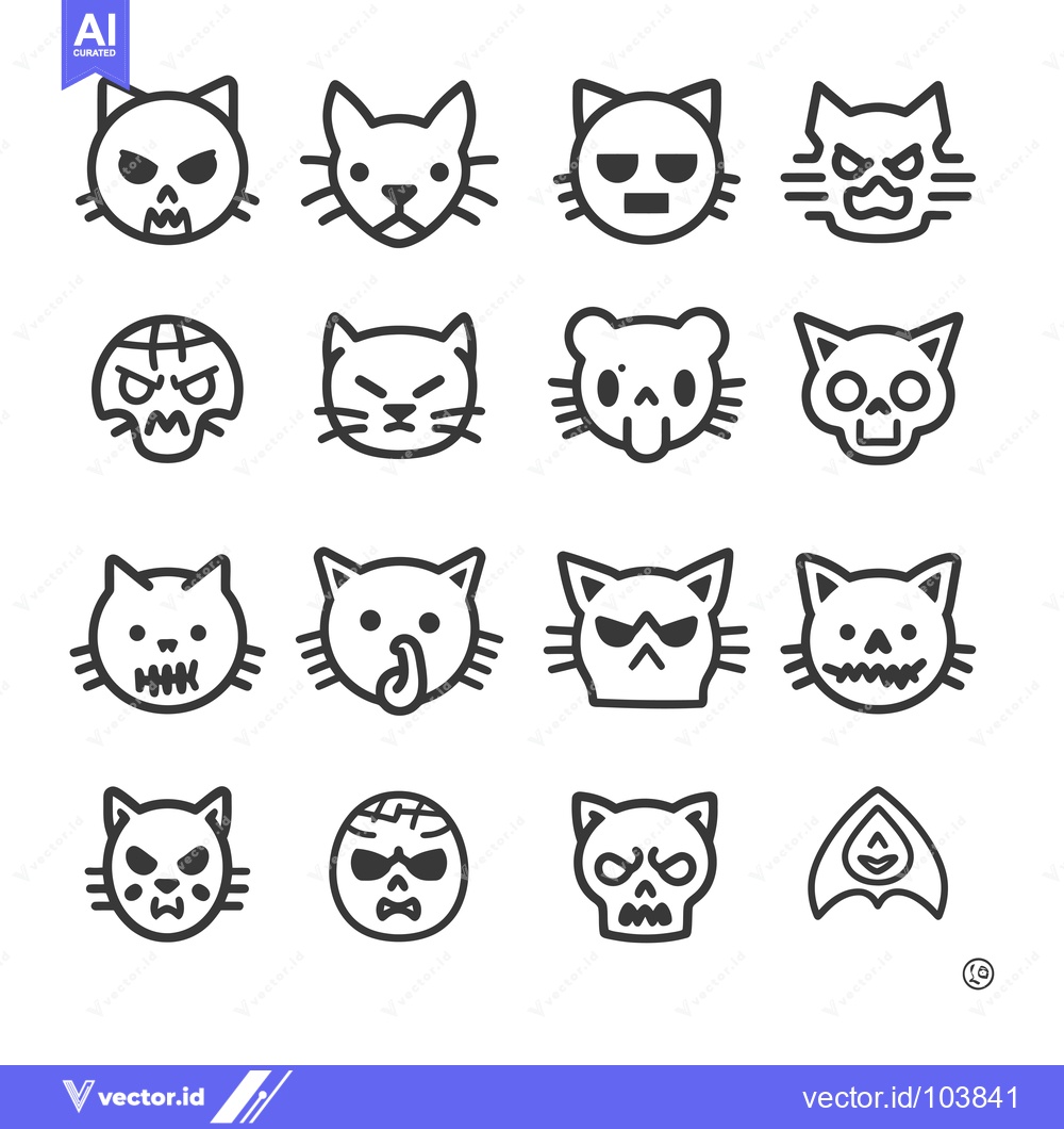 Premium Vector of Sixteen Cartoon Cat Skull Emojis with Various Facial Expressions