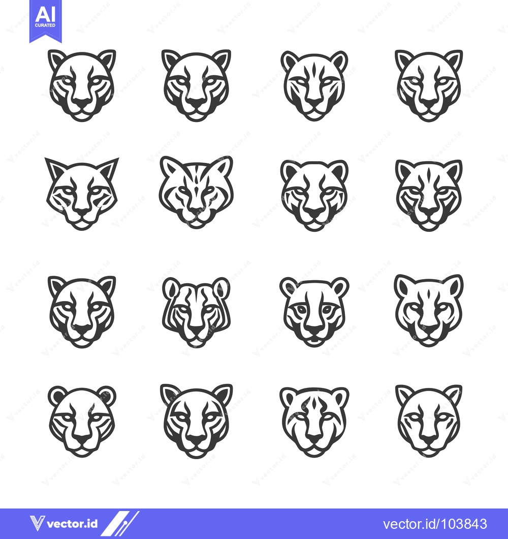 Premium Vector of Sixteen Cheetah Head Icons in Black and White