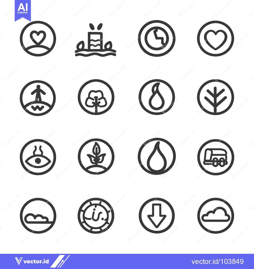 Premium Vector of Sixteen Circular Icons with Various Symbols Depicting Nature, People,