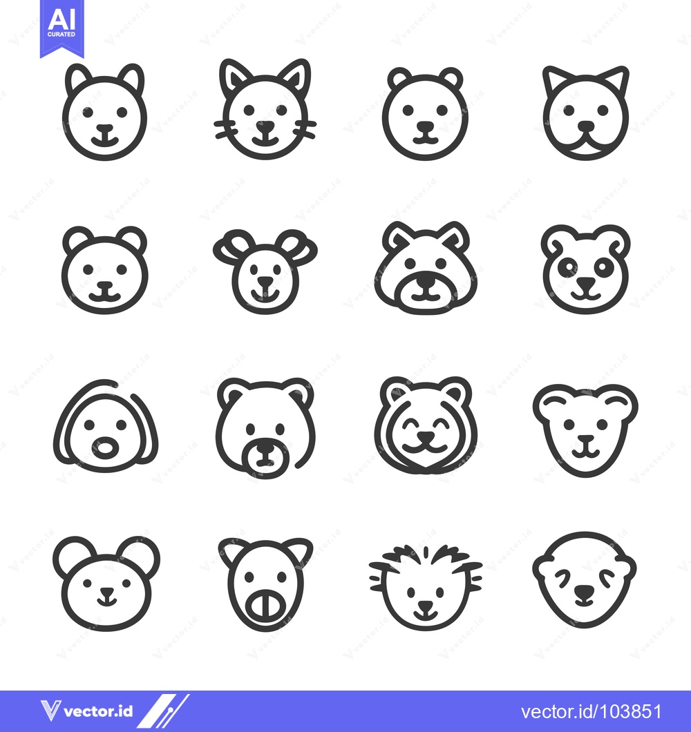 Premium Vector dari Sixteen Cute Animal Faces in Line Art Style