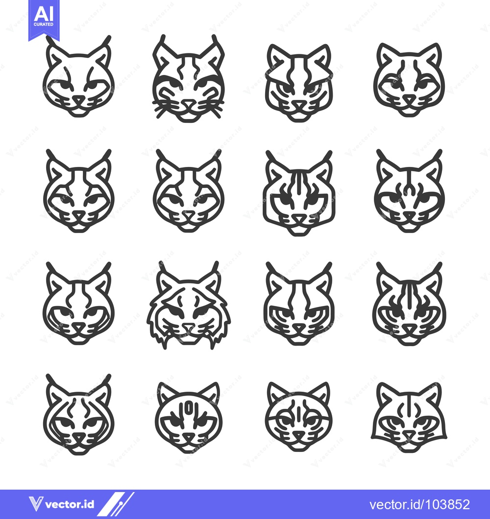 Premium Vector of Sixteen Different Line Art Designs of a Lynx Head