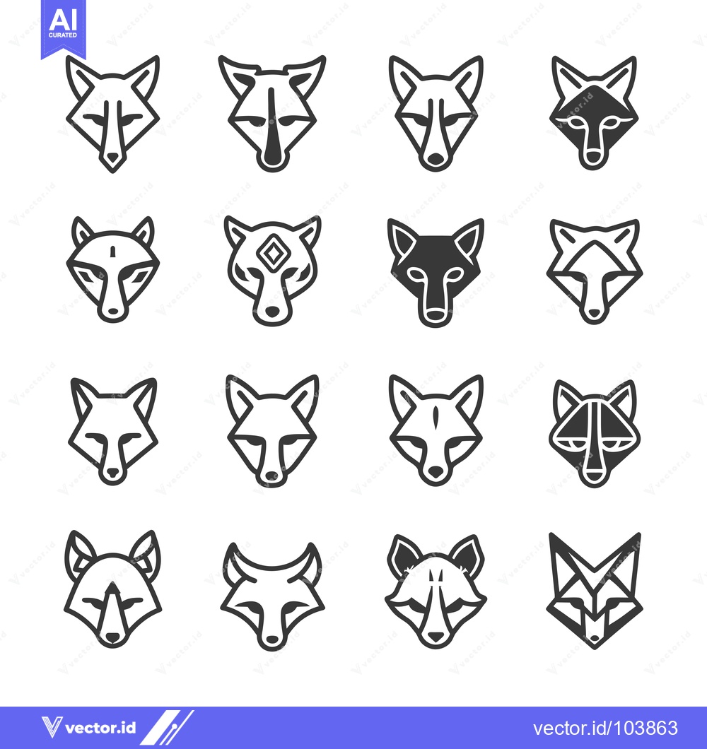 Premium Vector dari Sixteen Geometric Fox Head Icons in Black and White