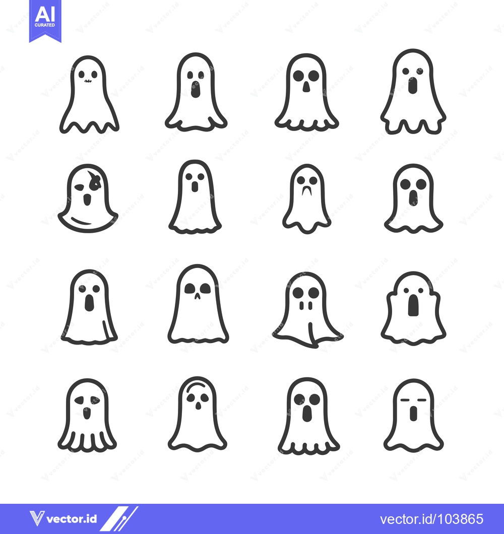 Premium Vector of Sixteen Ghost Icons with Different Facial Expressions