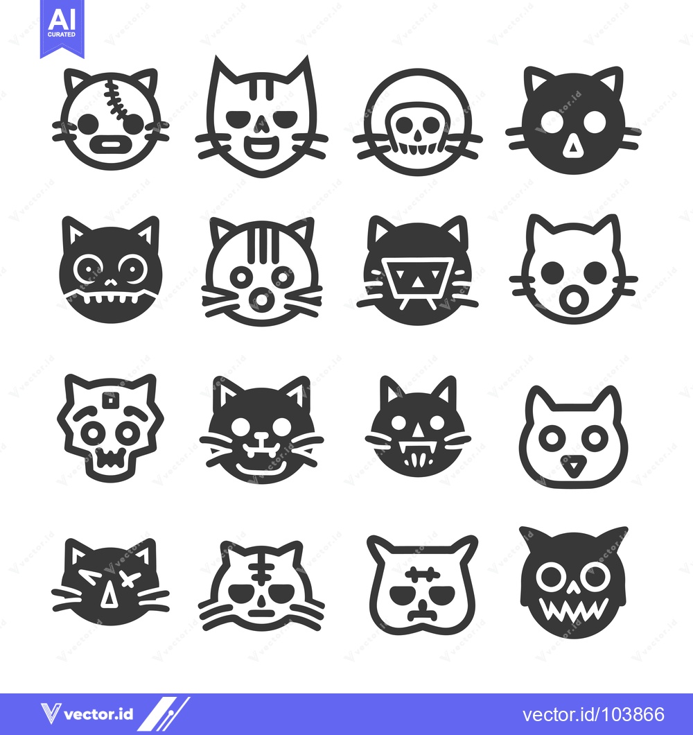 Premium Vector dari Sixteen Halloween Cat Icons with Various Facial Expressions