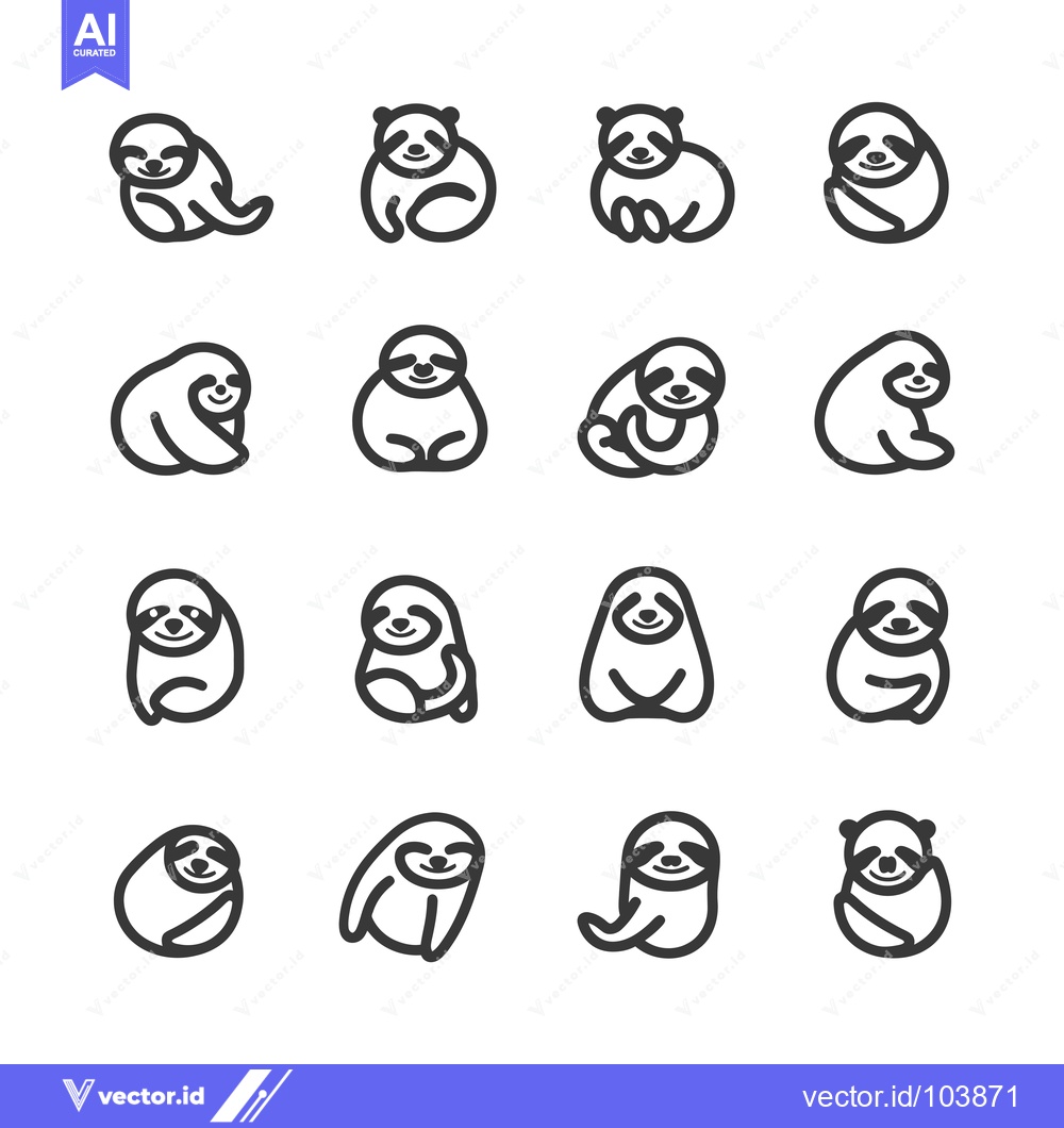 Premium Vector of Sixteen Line Art Drawings of Cute Sloths in Various Poses