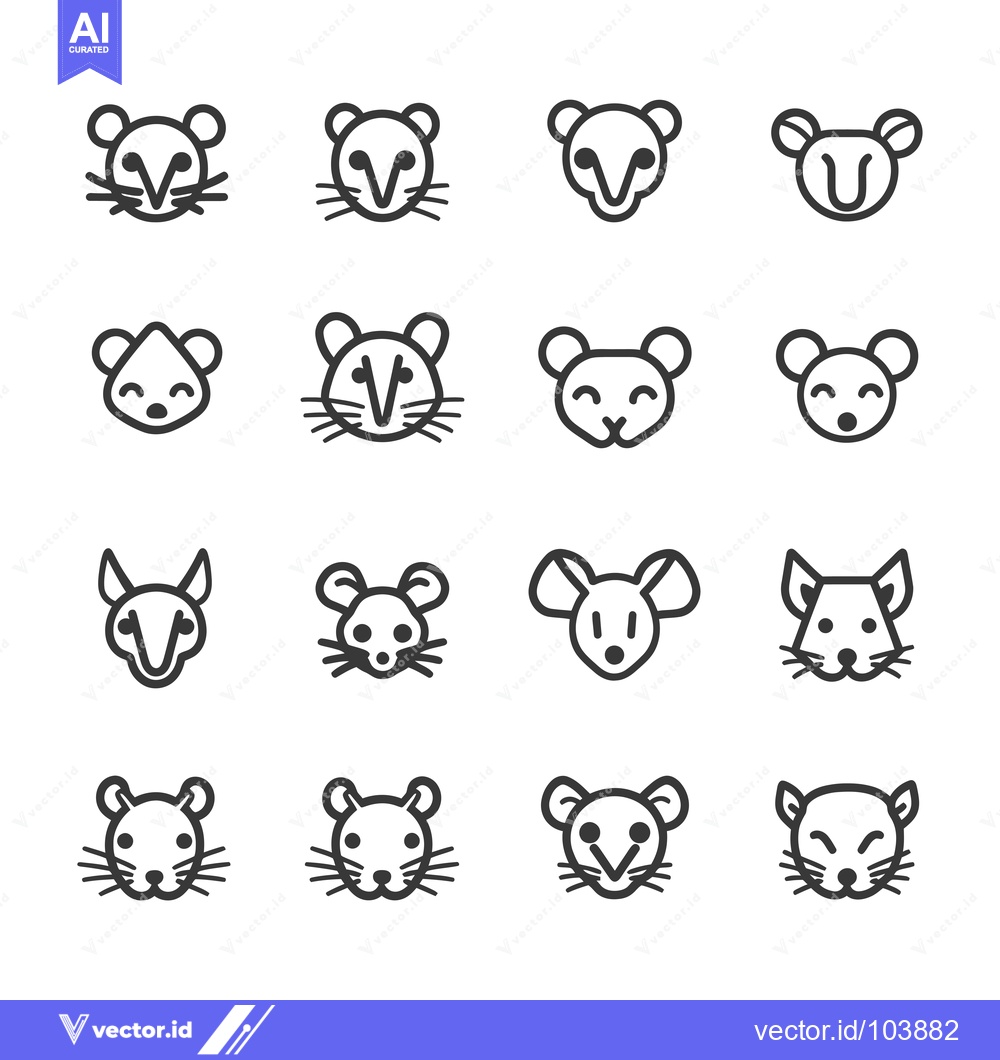 Premium Vector of Sixteen Line Art Mouse Faces with Variations in Expression and Ear Sha