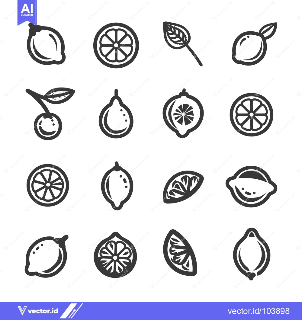 Premium Vector of Sixteen Monochrome Lemon Icons in Various Shapes and Slices