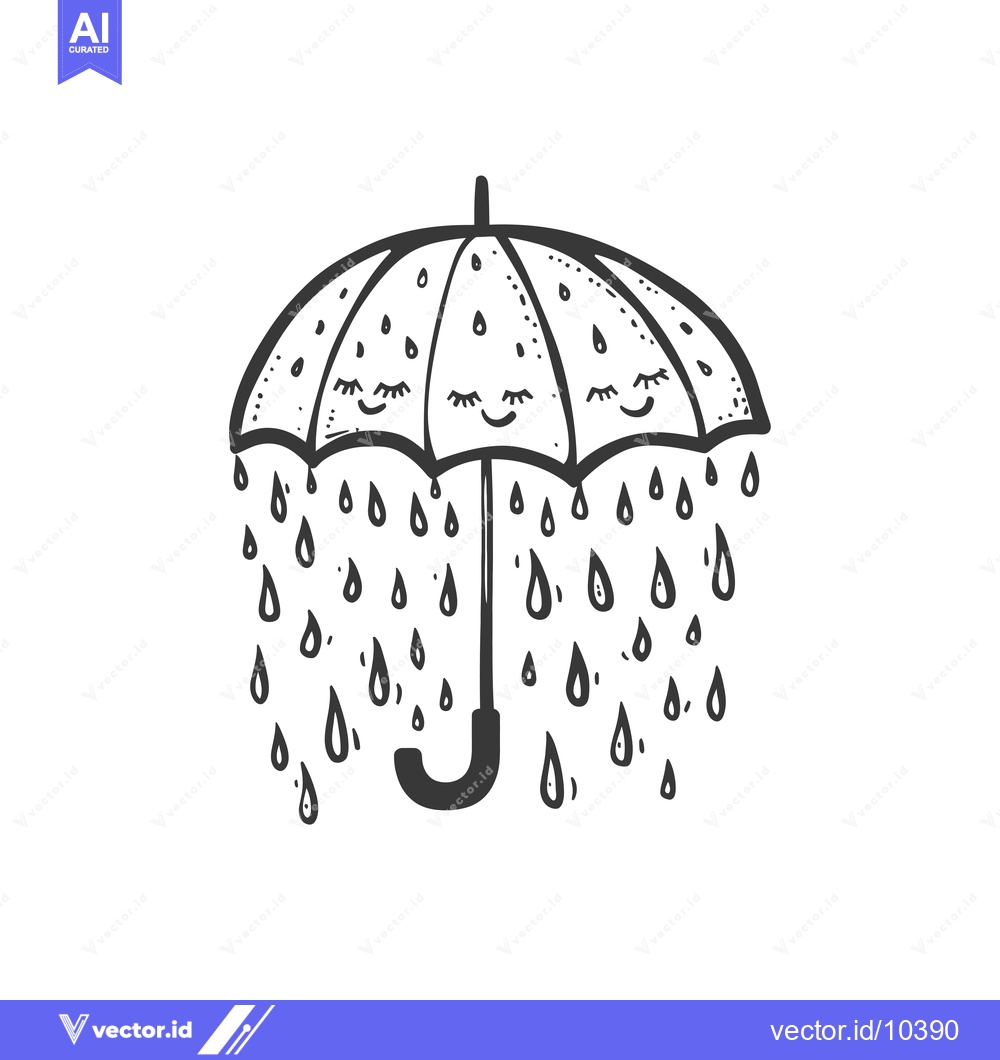 Premium Vector of A black and white illustration of a cartoon umbrella with three smilin