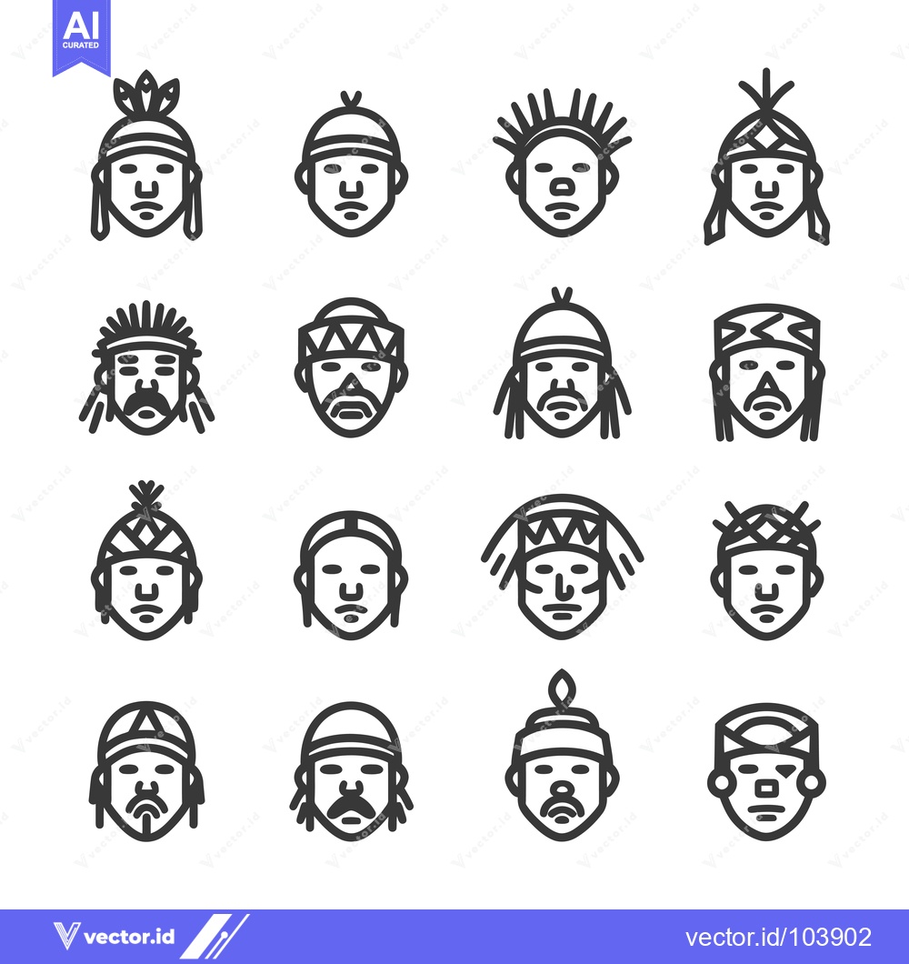 Premium Vector of Sixteen Native American Head Portraits in Outline Style