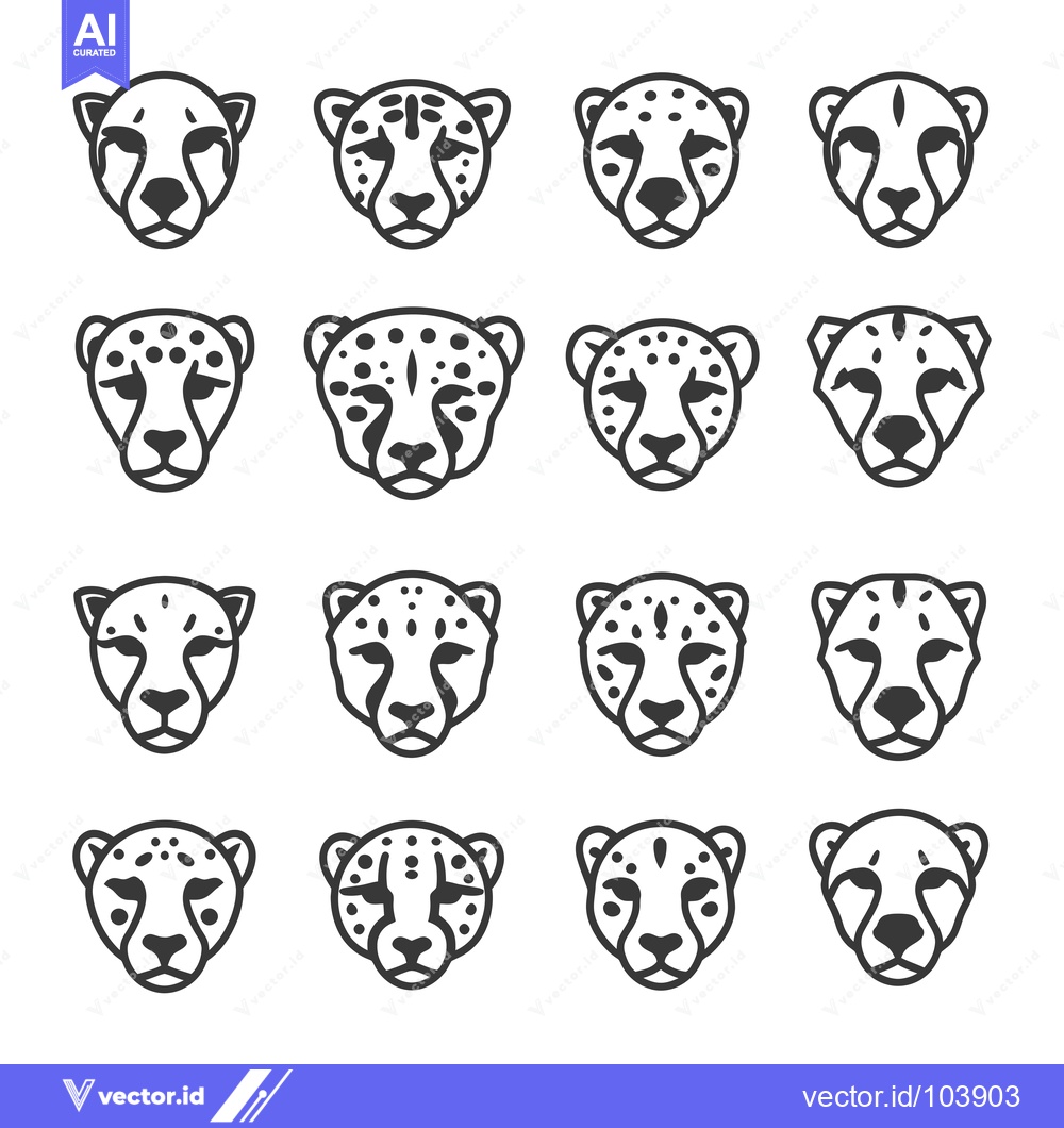 Premium Vector of Sixteen Outline Cheetah Head Illustrations in Black and White