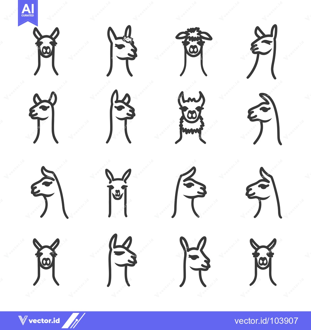 Premium Vector dari Sixteen Outline Drawings of Llama Heads in Different Poses