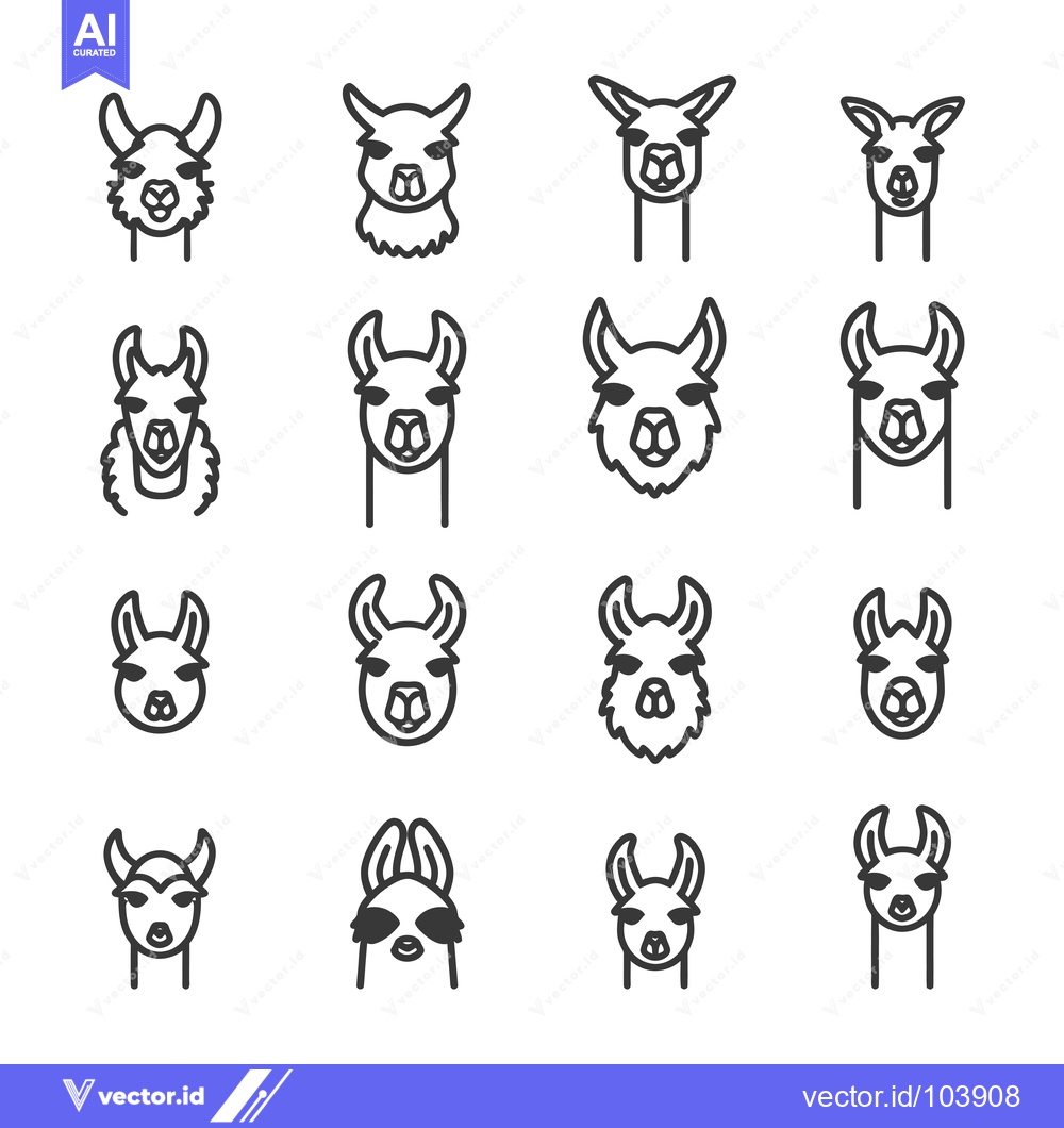 Premium Vector dari Sixteen Outline Drawings of Llama Heads in Various Styles