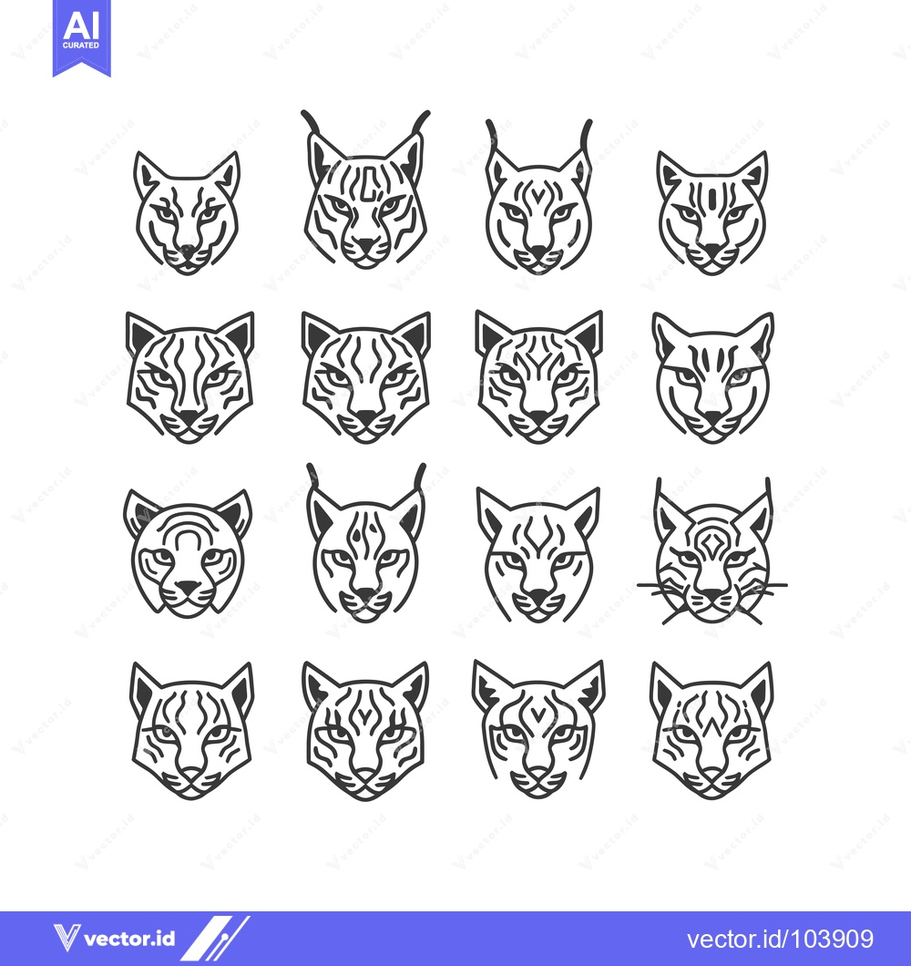 Premium Vector of Sixteen Outline Drawings of Lynx Heads with Varying Details