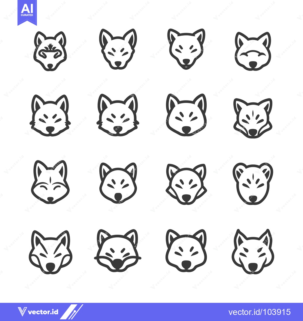 Premium Vector of Sixteen Outline Fox Head Icons with Varied Expressions
