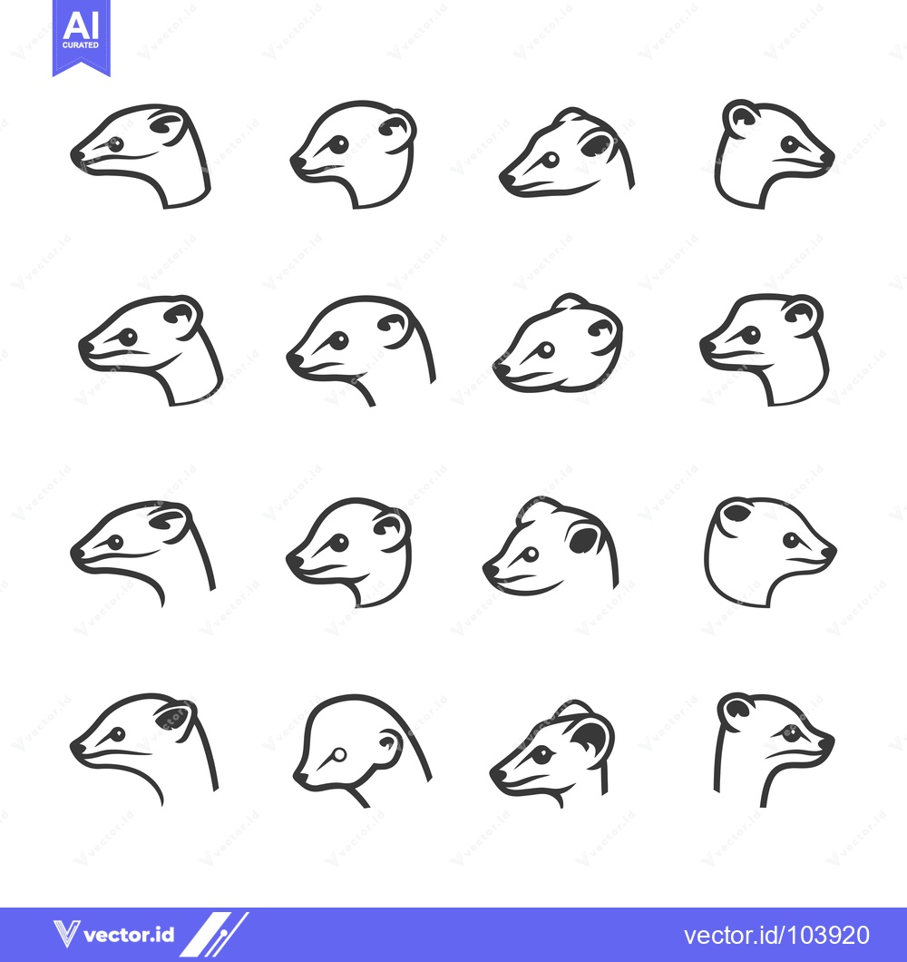 Premium Vector of Sixteen Outline Illustrations of a Weasel Head in Profile