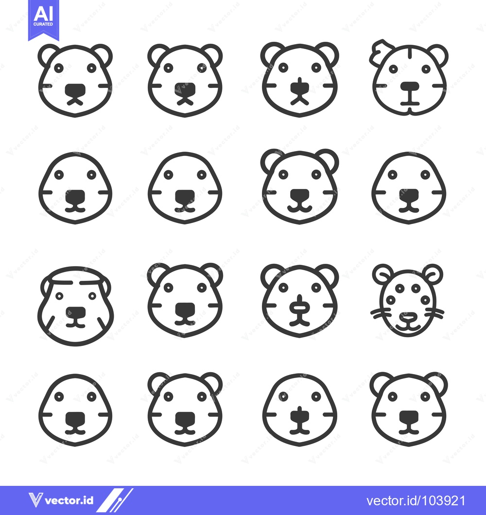 Premium Vector of Sixteen Outline Illustrations of Bear and Tiger Heads