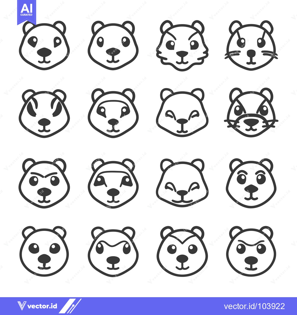 Premium Vector dari Sixteen Outline Illustrations of Bear Faces with Varying Expressions