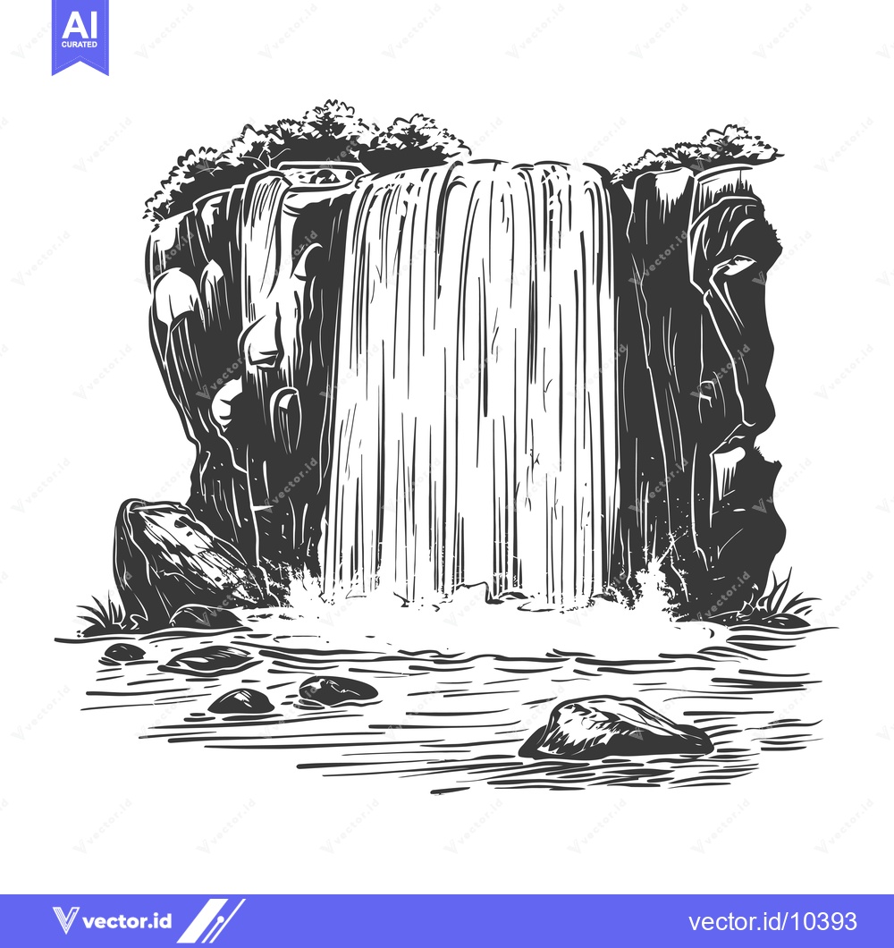 Premium Vector dari A Black and White Illustration of a Waterfall Cascade