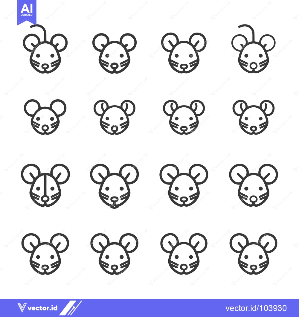 Premium Vector of Sixteen Outline Mouse Icons with Various Ear and Tail Styles