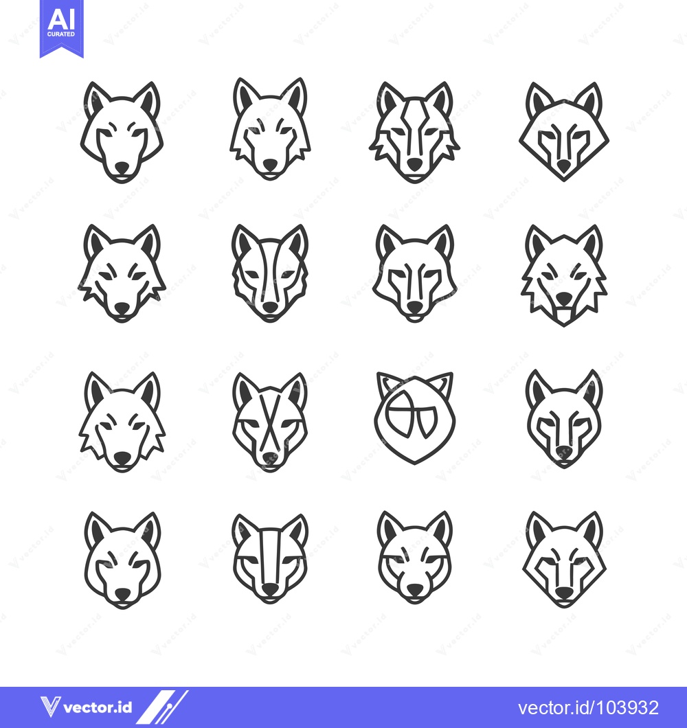 Premium Vector of Sixteen Outline Wolf Head Illustrations
