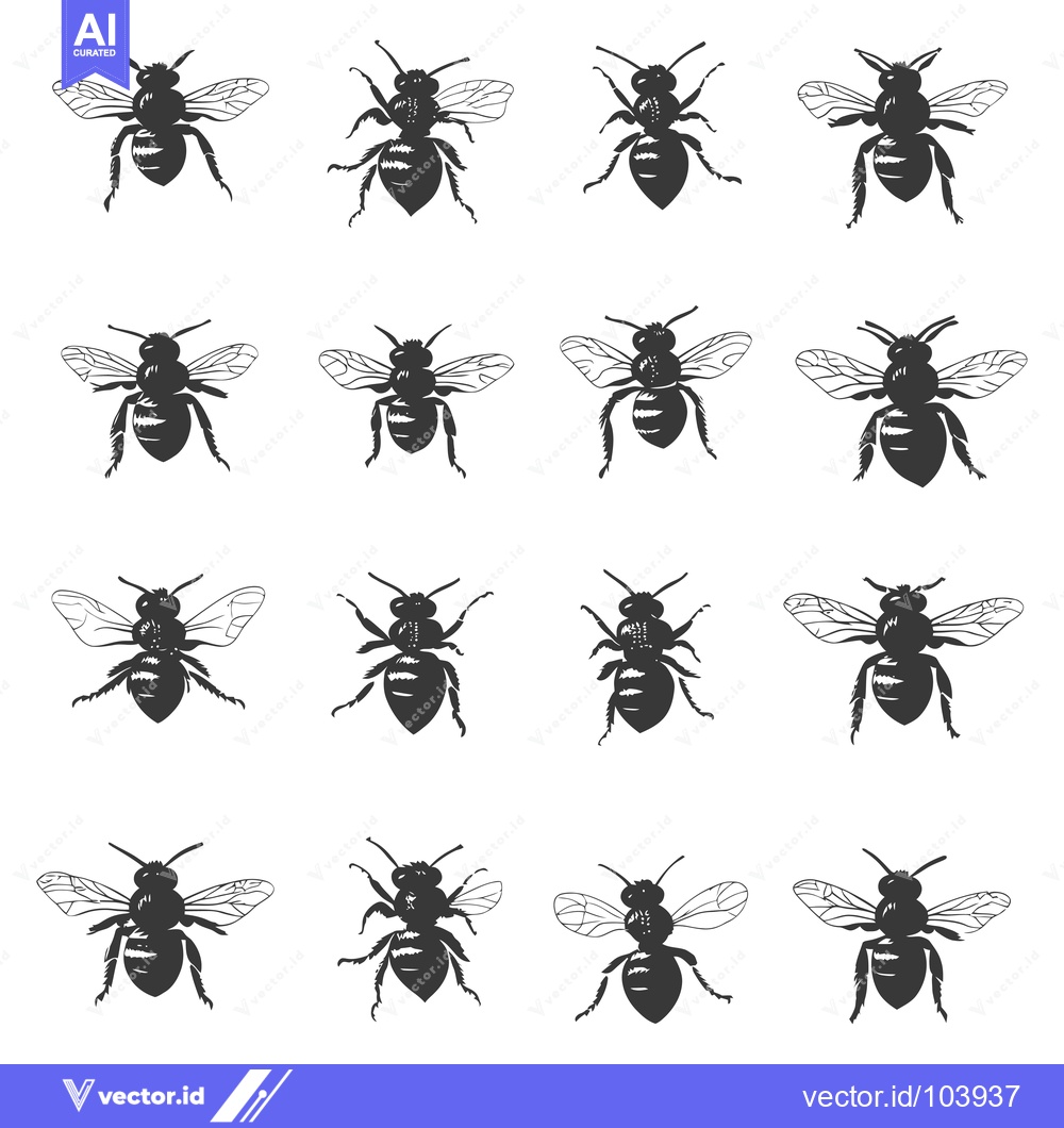 Premium Vector of Sixteen Silhouettes of Bees in Various Poses