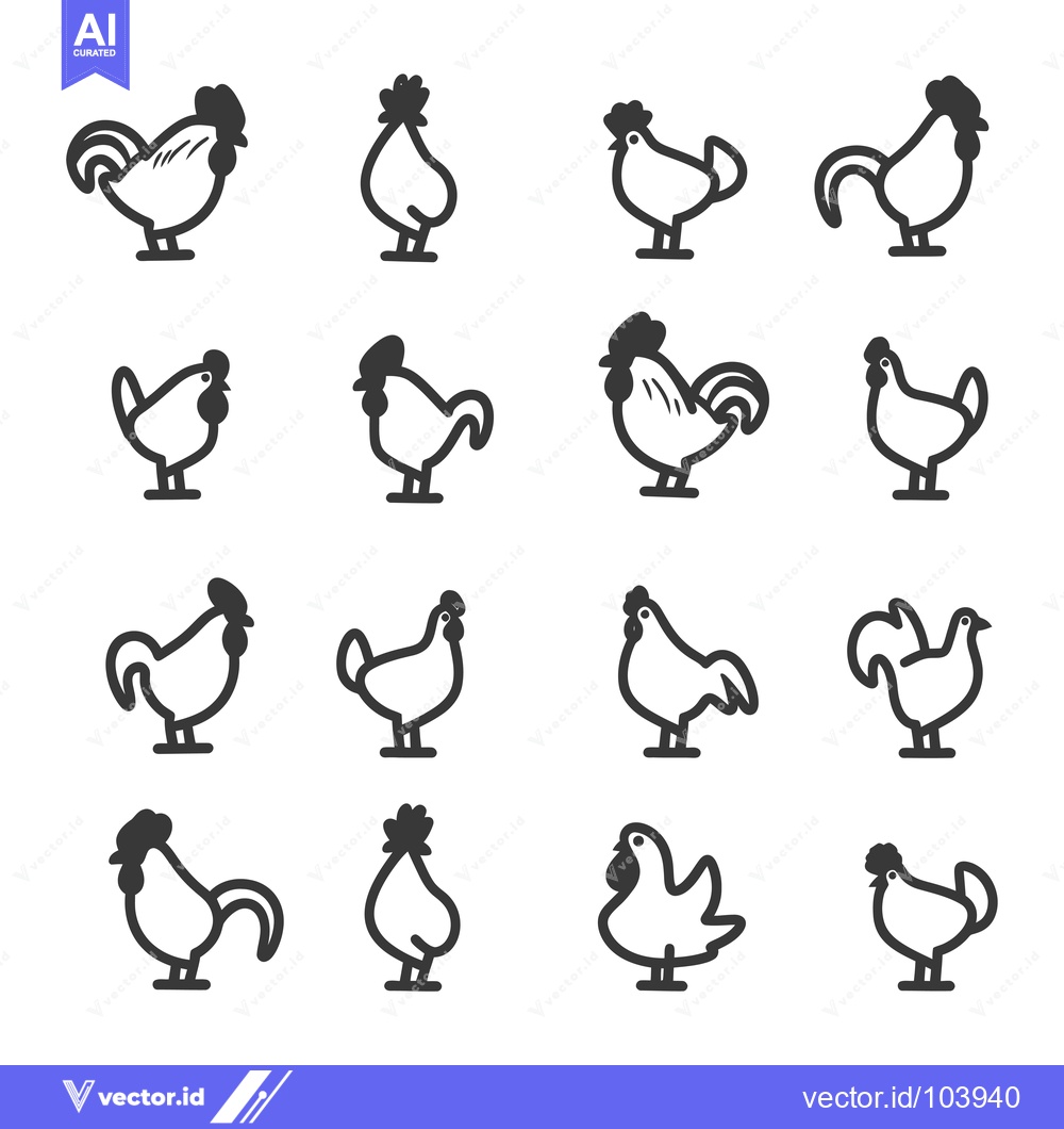 Premium Vector dari Sixteen Simple Black and White Chicken and Rooster Line Drawings