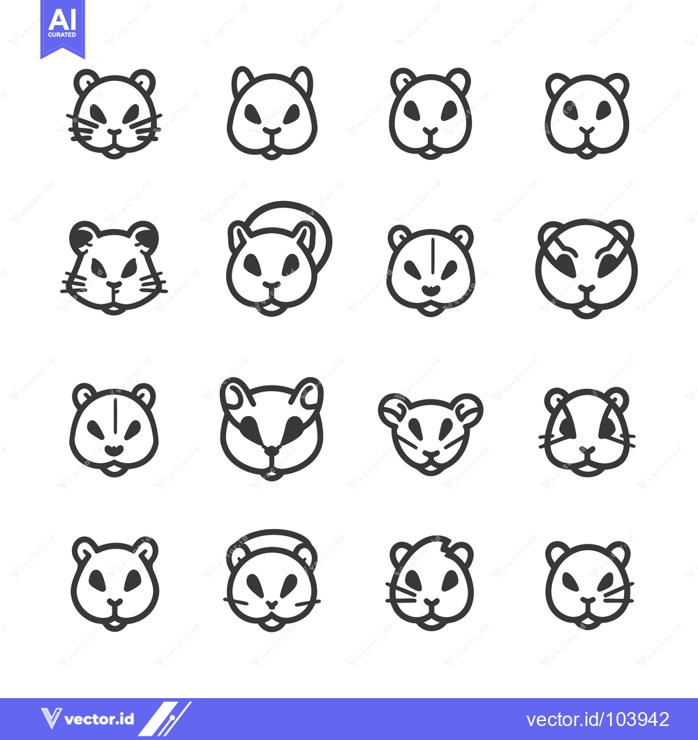 Premium Vector of Sixteen Simple Black and White Hamster Face Icons