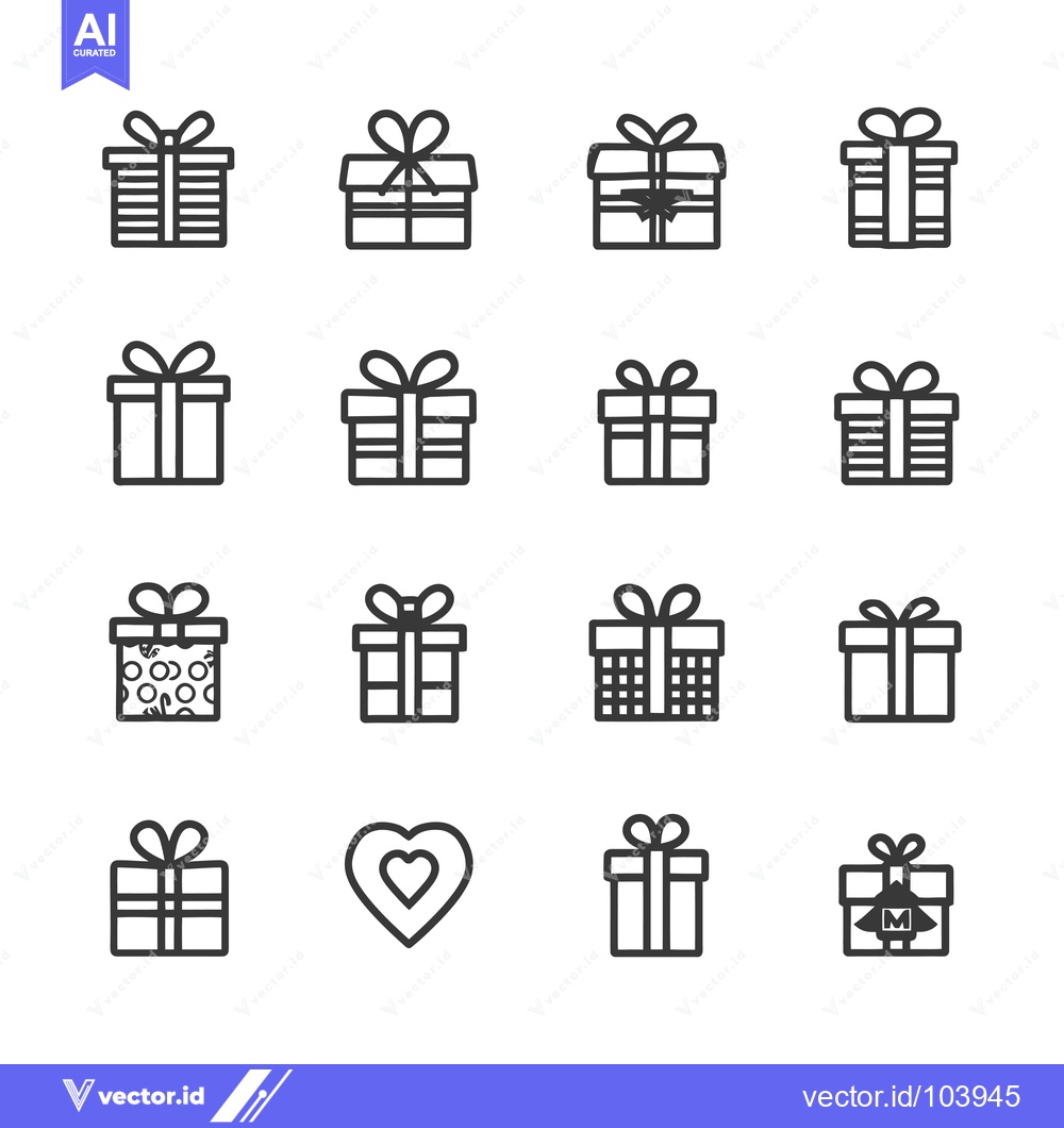 Premium Vector of Sixteen Simple Line Art Gift Box Icons with Various Ribbon and Wrappin