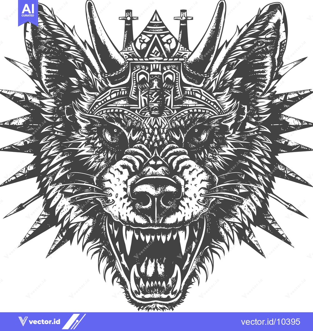 Premium Vector dari A Black and White Illustration of a Wolf's Head with a Crown
