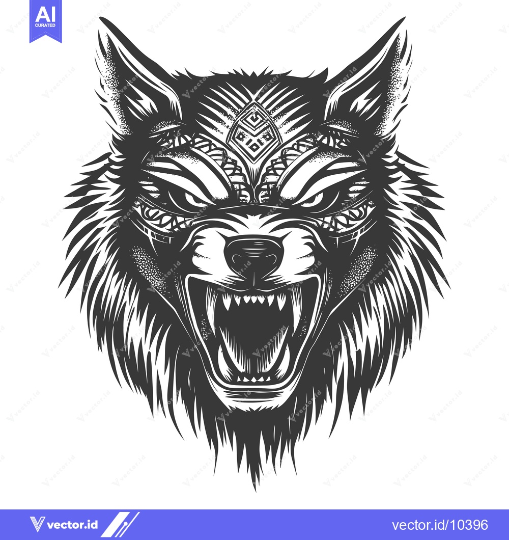 Premium Vector dari A Black and White Illustration of a Wolf's Head with a Geometric Desig