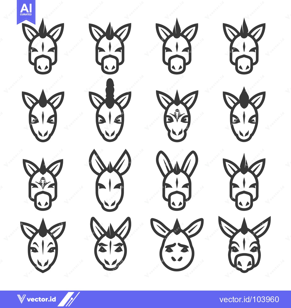 Premium Vector of Sixteen Stylized Black and White Donkey Faces with Various Expressions